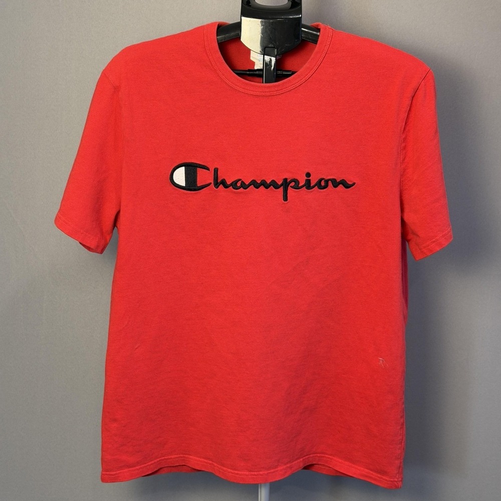 Champion Shirt Mens Large‎ Red Script Logo Graphic Tee 100% Cotton Short Sleeve
